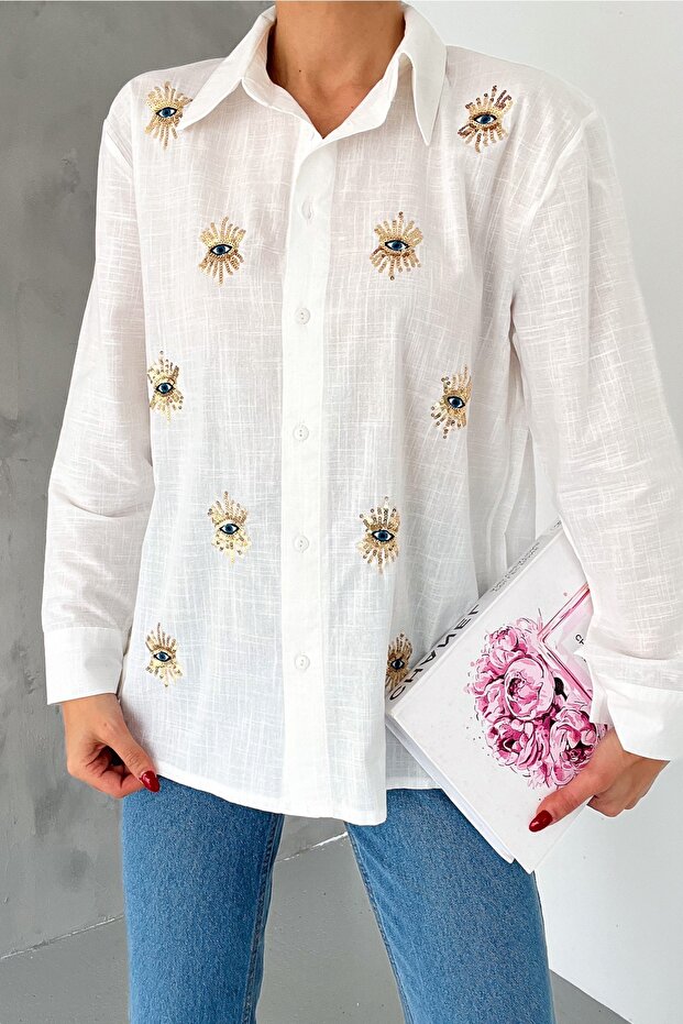 Women's Eye Pattern Sequin Sequin and Embroidery Cotton Shirt