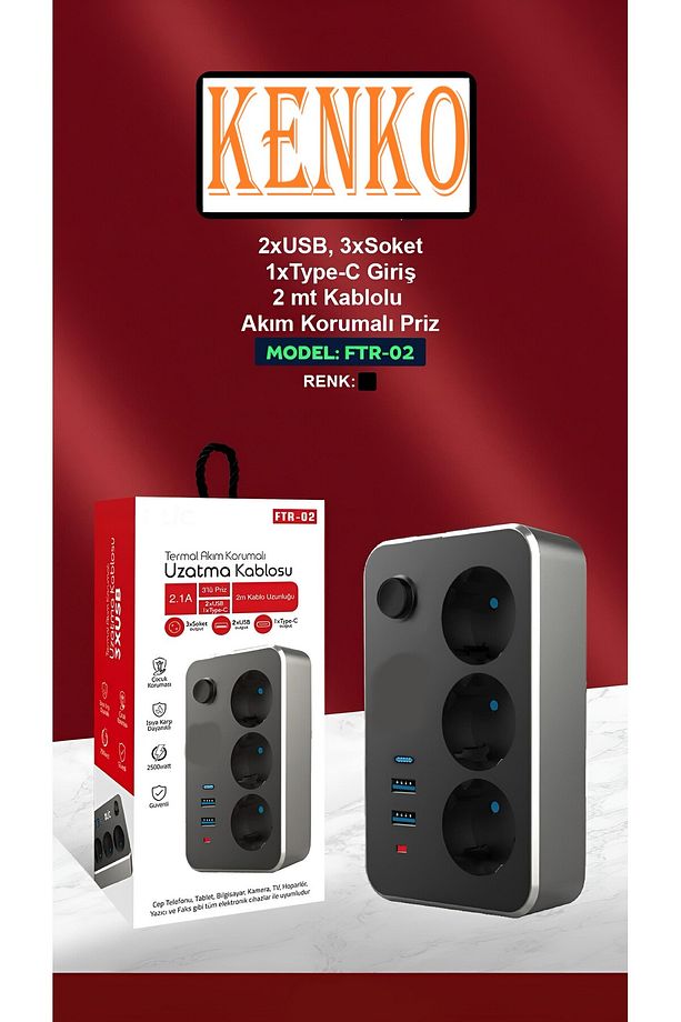 3'lü Termal Akım Korumalı Priz 2 Metre 2.1A 2xUsb 1xType-C Anahtarlı Seyyar Çoklu Priz Blic Ftr-02 - 1