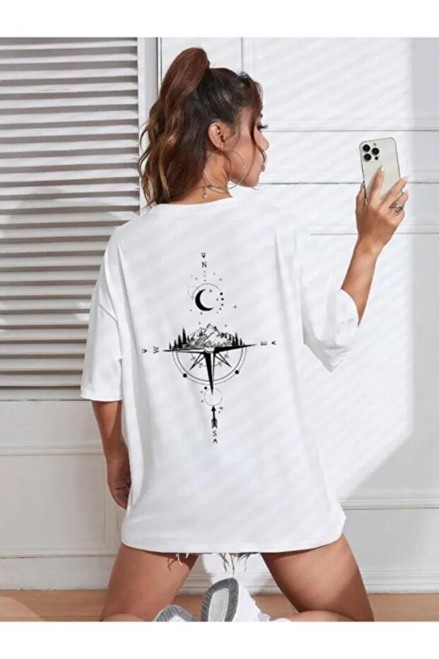Women's White Compass Printed Oversize T-Shirt