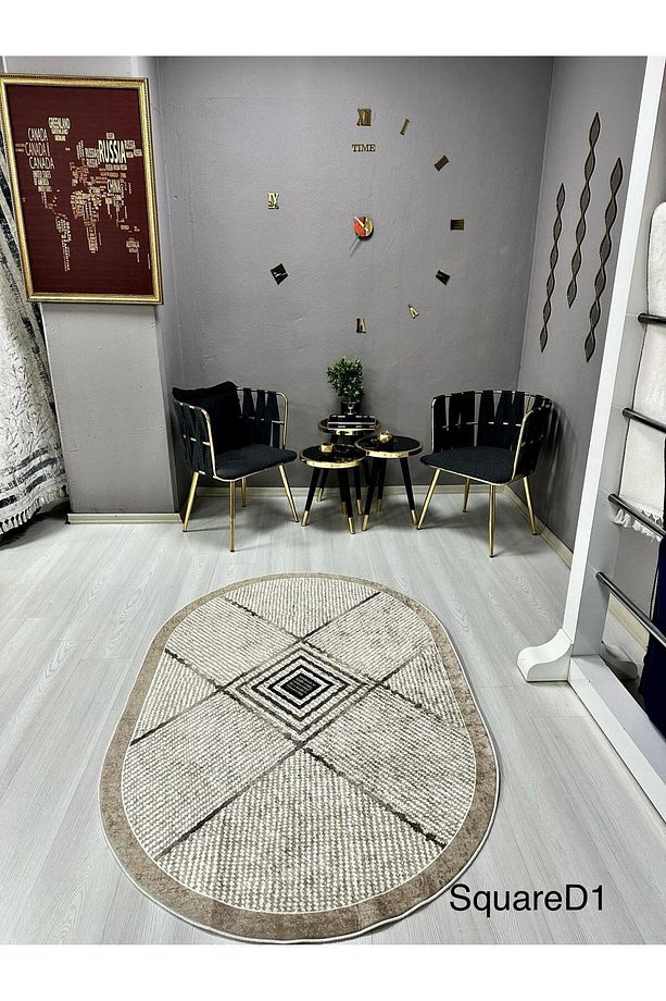 Dijital Baskı Yıkanabilir Kaymaz Taban Leke Tutmaz Yolluk Kilim Salon Mutfak Halısı Square D1 - 1