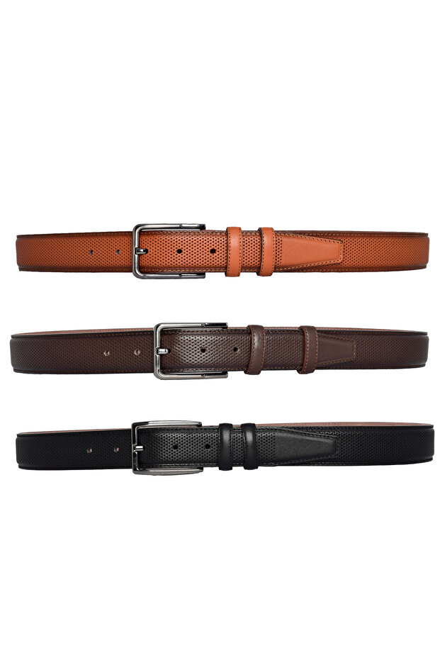 %100 Hakiki Deri, 3'lü Set Siyah, Açık taba, Koyu Kahve Dikişli Kumaş Pant. Kemeri 3.5 Cm_noktalı - 4
