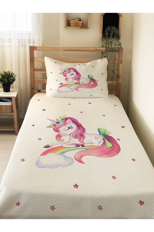 Gökkuşağı Ve Unicorn Desenli Bebek Ve Çocuk Baskılı Tek Kişilik Pike Takımı 160 X 220 Cm Beyaz - 1