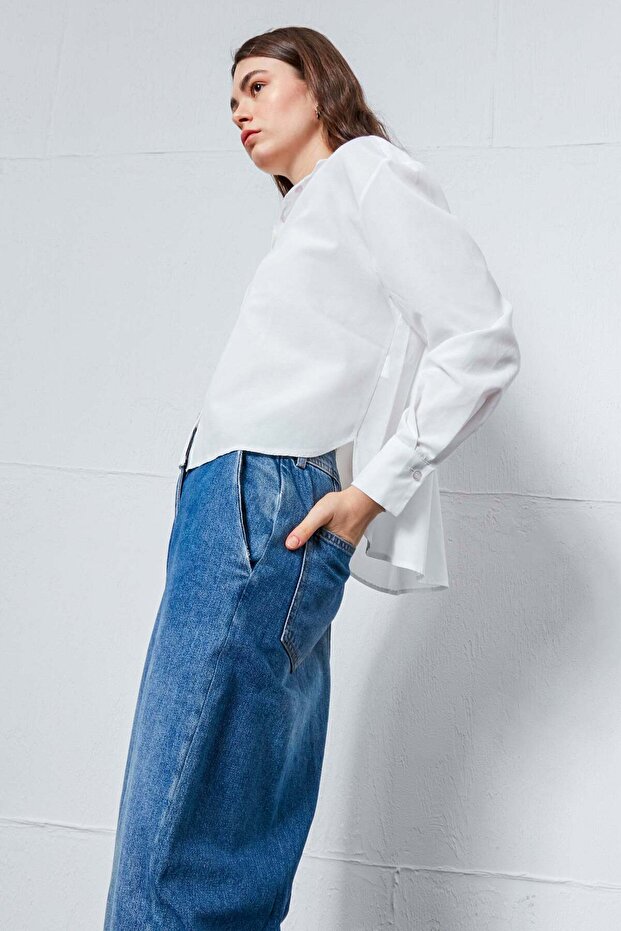 Beyaz Oval Kesim Basic Gömlek - 3