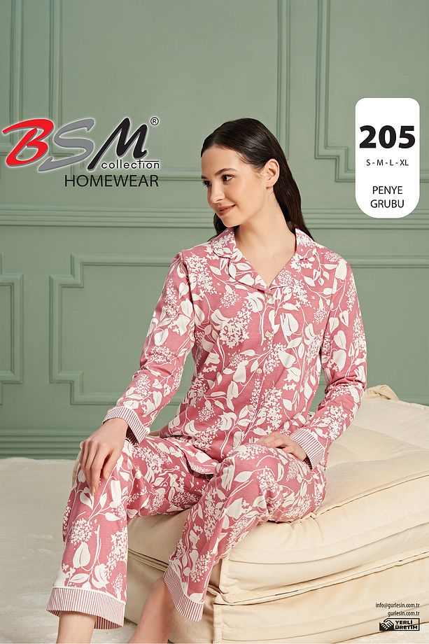 Kadın Yüksek Kalite Pamuklu Boydan Düğmeli Uzun Kollu Desenli Gül Kurusu Pijama Takımı - 4