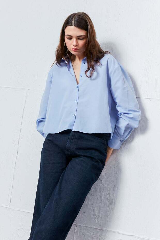 Bebe Mavisi Oval Kesim Basic Gömlek - 1