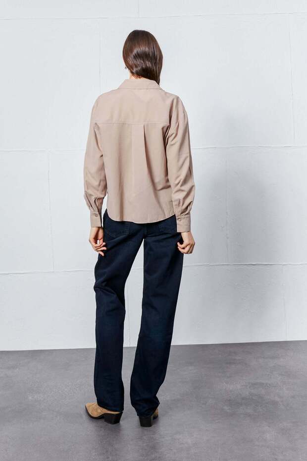 Bej Oval Kesim Basic Gömlek - 6