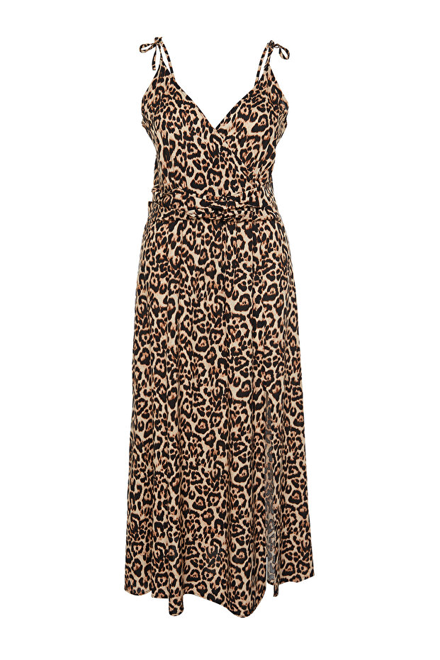 Camel Maxi/Uzun Boy Yırtmaçlı Yazlık Leopar Desenli Dokuma Elbise TBBSS24AH00136 - 7