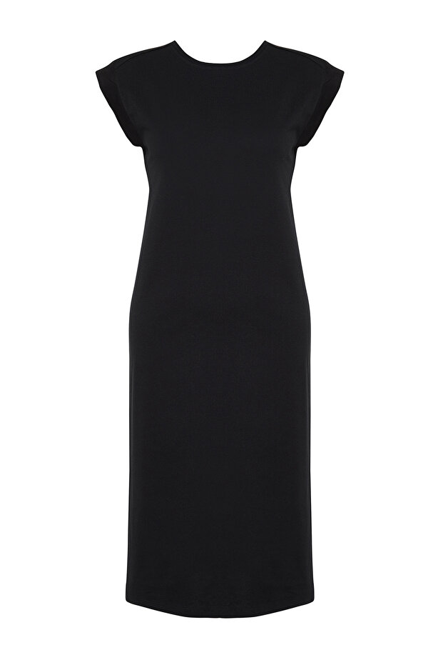Siyah Düz T-shirt Elbise %100 Pamuk Ay Kol Shift/Rahat Kesim Midi Midi Elbise TWOSS24EL00126 - 6