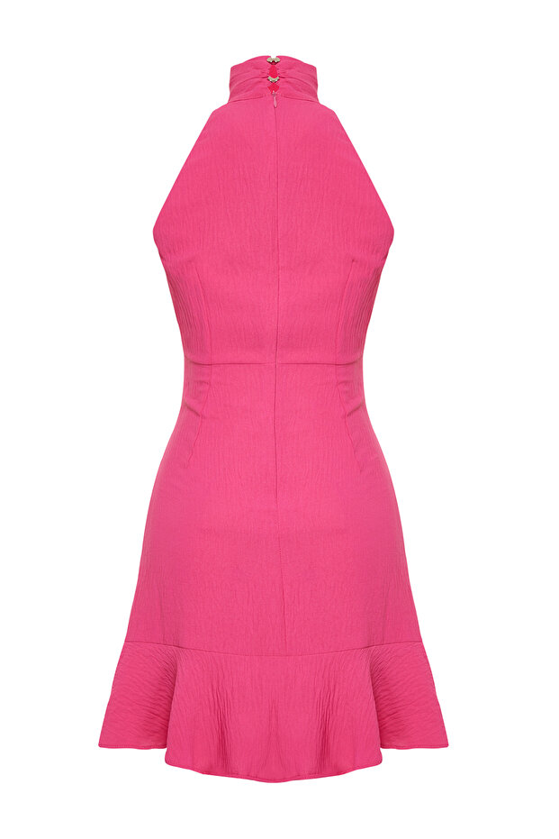 Pembe Halter Yaka A Kesim Mini Dokuma Elbise TWOSS21EL1538 - 8