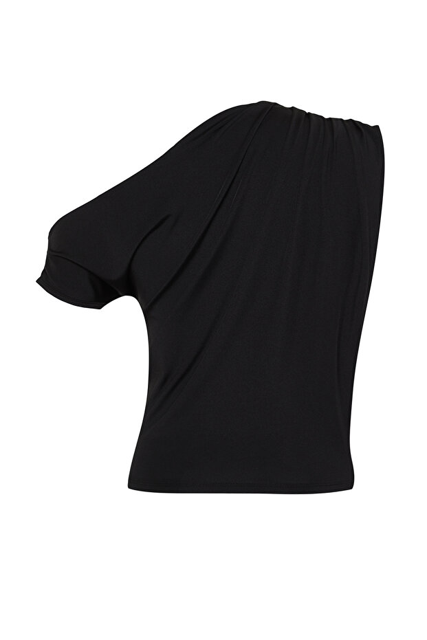 Siyah Regular/Normal Kalıp Asimetrik Yaka Sıfır Kol Esnek Örme Bluz TWOSS24BZ00396 - 7
