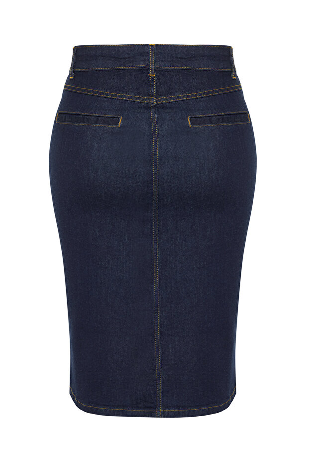 Koyu Mavi Yırtmaçlı Mini Boy Comfort/Orta Esnek Büyük Beden Denim Kalem Etek TBBSS24AZ00026 - 9