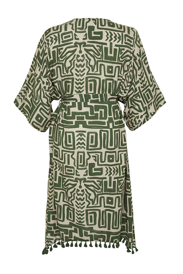 Çok Renkli Etek Ucu Püsküllü Yarasa Kol Viskon Plaj Giyim Büyük Beden Kimono&Kaftan TBBSS24DE00005 - 8