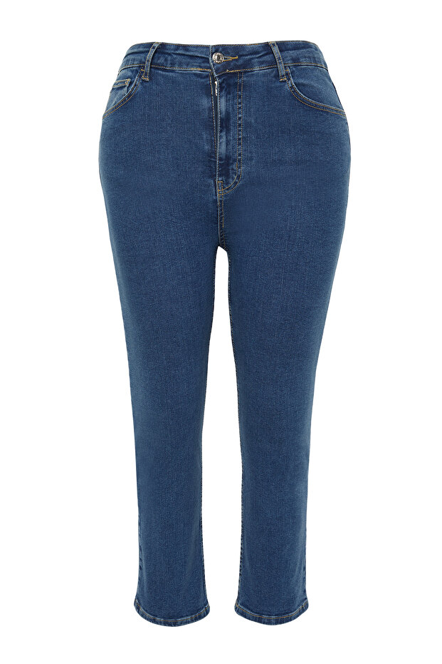 Mavi Yüksek Bel Kısa Boy Esnek/Stretch Büyük Beden Skinny Jeans TBBSS24CJ00032 - 7