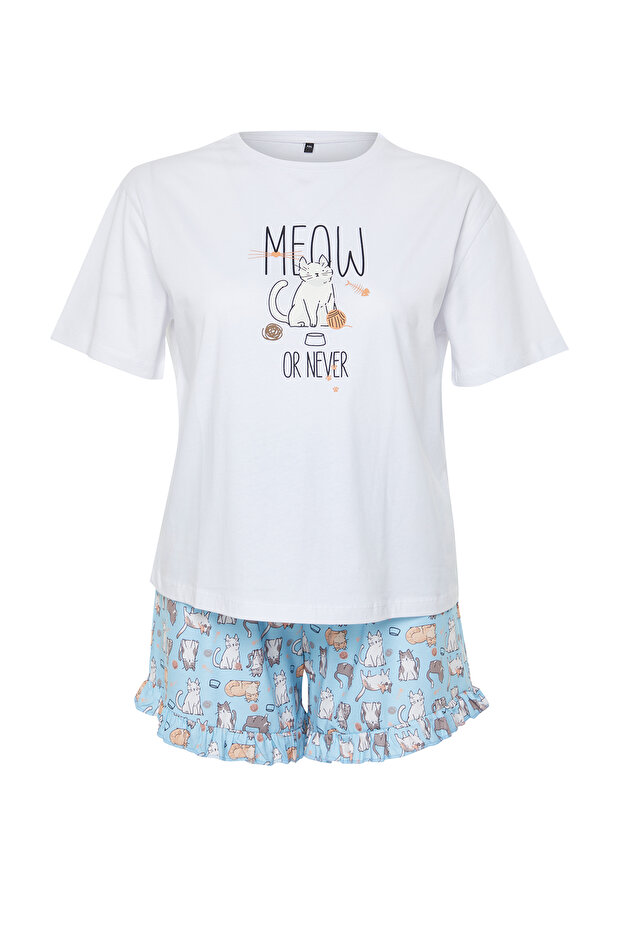 Mavi Kedi Desenli Örme Pijama Takımı TBBSS24AI00009 - 7