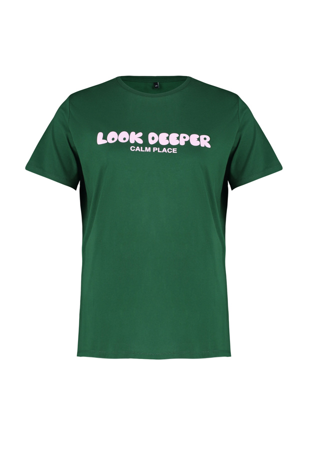 Koyu Yeşil Slogan Baskılı Relaxed %100 Pamuk Örme Büyük Beden T-shirt TBBSS24BF00036 - 9