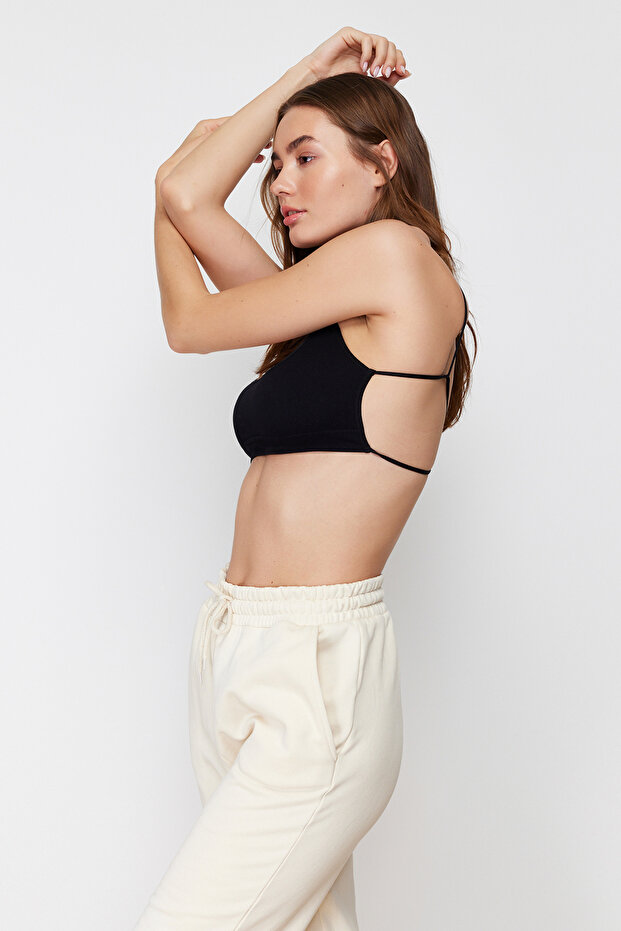 Siyah Seamless/Dikişsiz İp Askılı Sırt Detaylı Balensiz Kapsız Bralette Örme Sütyen THMAW23SU00130 - 5