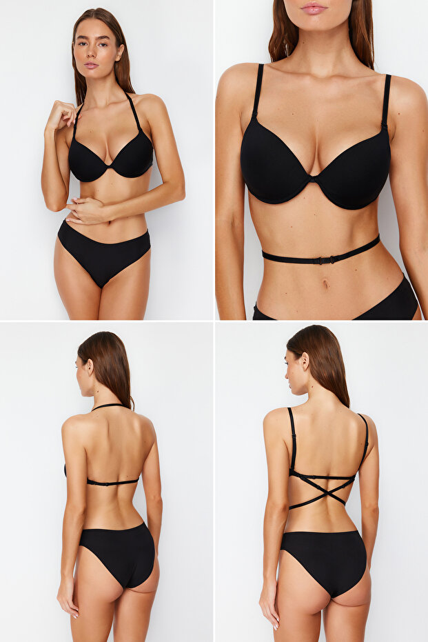 Siyah Micro 4 Farklı Kullanımlı Push Up Dolgulu Kaplı Askılı Örme Dekolte Sütyeni THMSS24SU00022 - 1