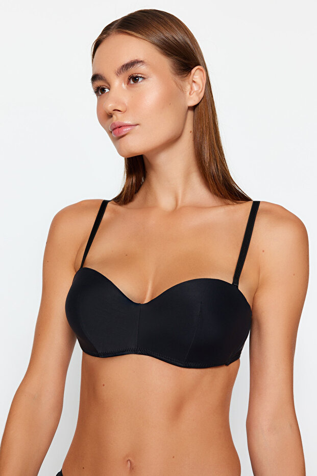 Siyah Dolgulu/Push-Up Bütün Kap Çıkarılabilir İp Askılı Straplez Örme Sütyen THMAW21SU0059 - 5