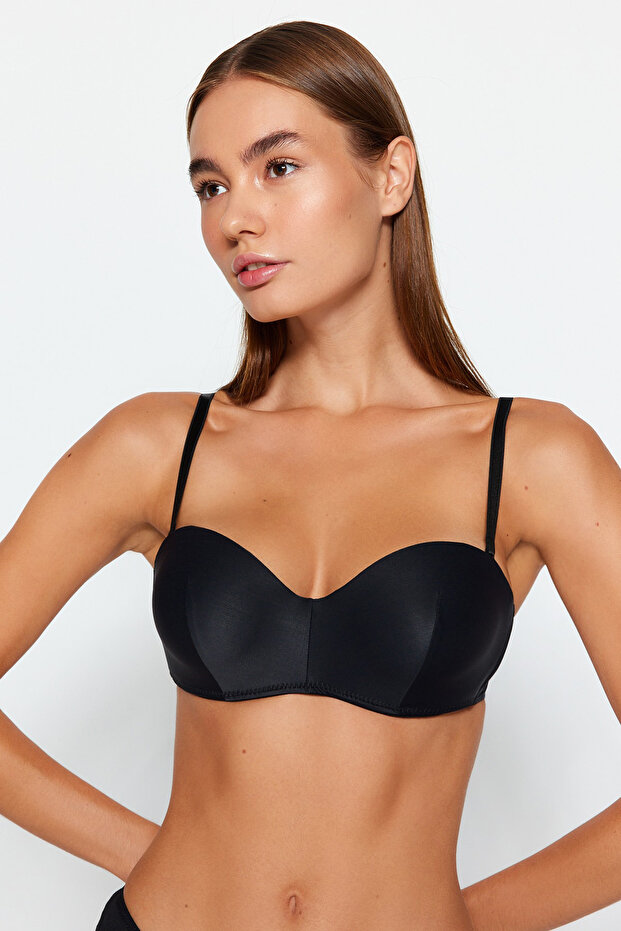 Siyah Dolgulu/Push-Up Bütün Kap Çıkarılabilir İp Askılı Straplez Örme Sütyen THMAW21SU0059 - 3