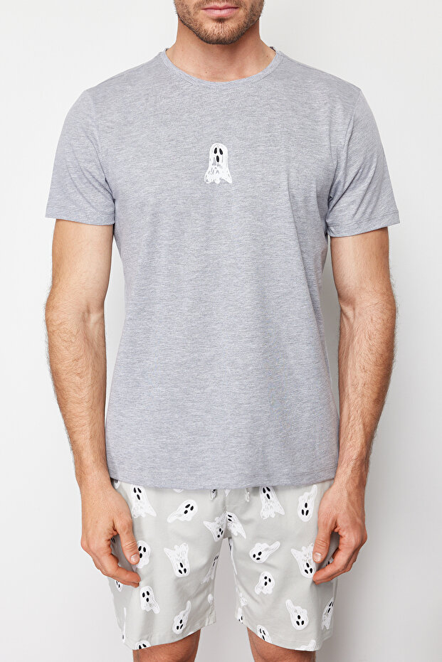 Gri Baskılı Regular Fit Örme Şortlu Pijama Takımı TMNSS24PT00024 - 3