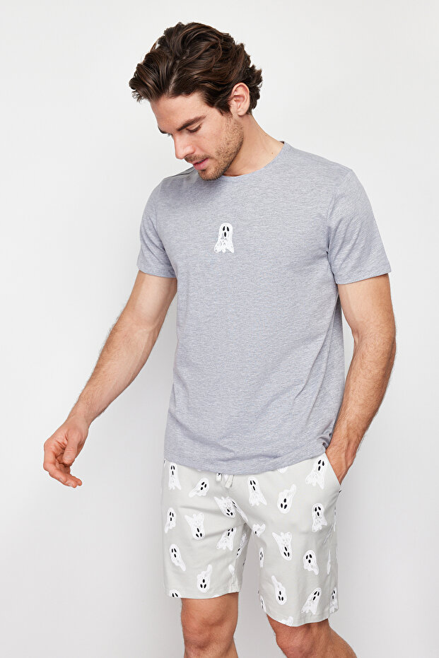 Gri Baskılı Regular Fit Örme Şortlu Pijama Takımı TMNSS24PT00024 - 2