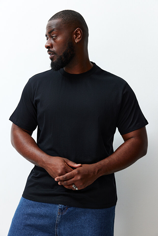 Fekete nagy méretű 100% pamut normál póló - TMNSS23TS00134 - 2