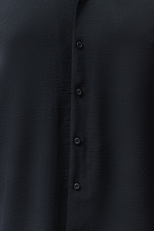 Siyah Regular Fit Fit Apaş Yaka Yazlık Keten Görünümlü Büyük Beden Gömlek TMNSS24AX00012 - 4