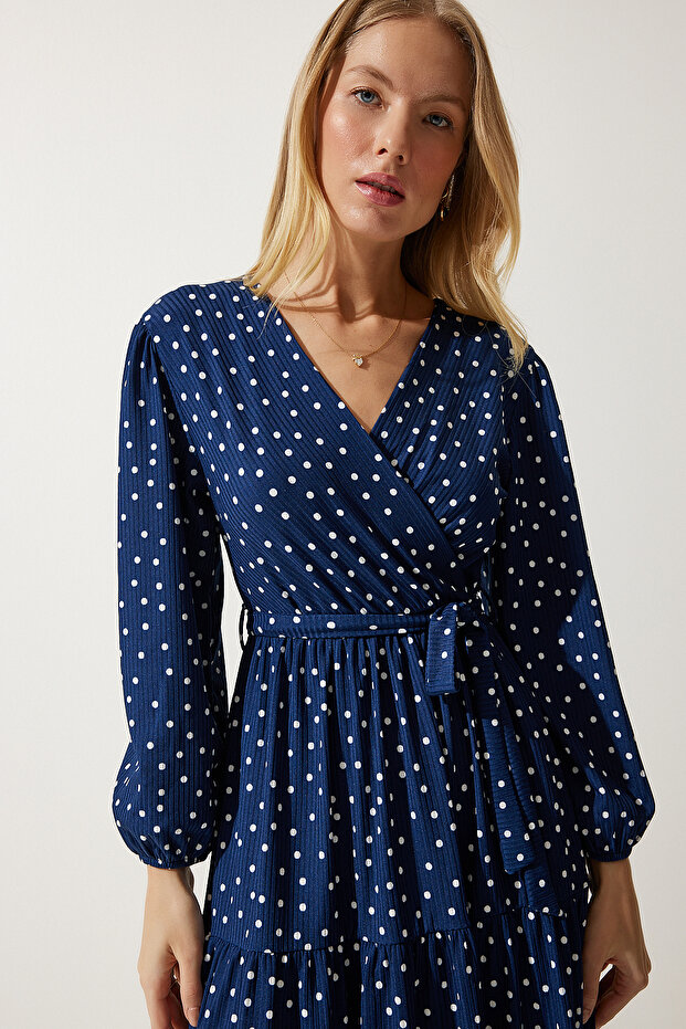 Rochie tricotată cu buline, cu guler înfășurat, albastru bleumarin pentru femei MC00265 - 6