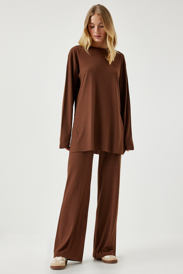 Women's Brown Corded Knitted Blouse Trousers Set KH00088