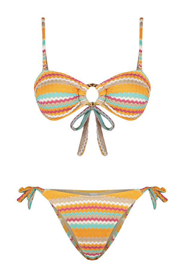 Geometrik Desenli Aksesuarlı Straplez Kaplı Regular Normal Bel Bikini Takımı TBESS24BT00094 - 6