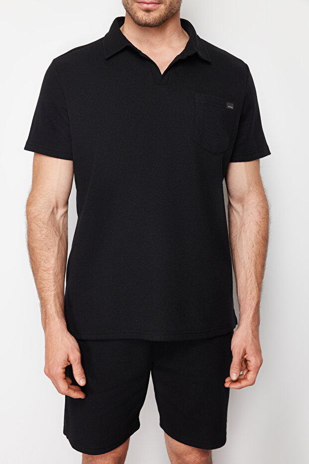 Siyah Regular/Normal Kesim Dokulu Kumaş Etiketli Polo Yaka Kalın Eşofman Takımı TMNSS23EM00003 - 5