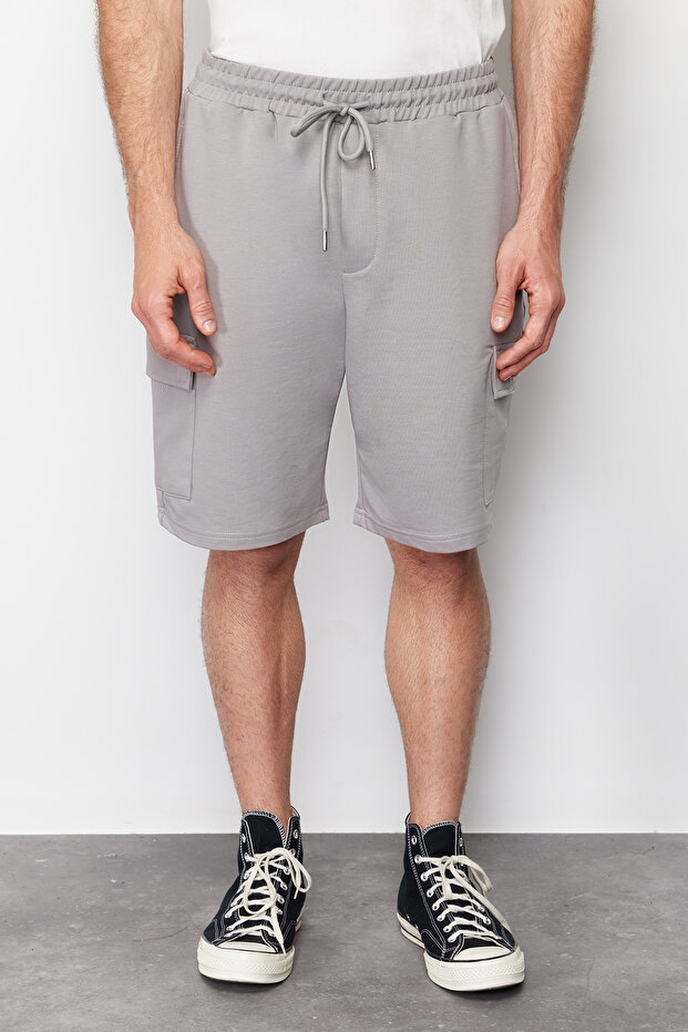 Gri Oversize/Geniş Kesim Gizli Kordonlu Lastik Belli Kargo Cepli Etiketli Şort TMNSS24SR00018 - 4