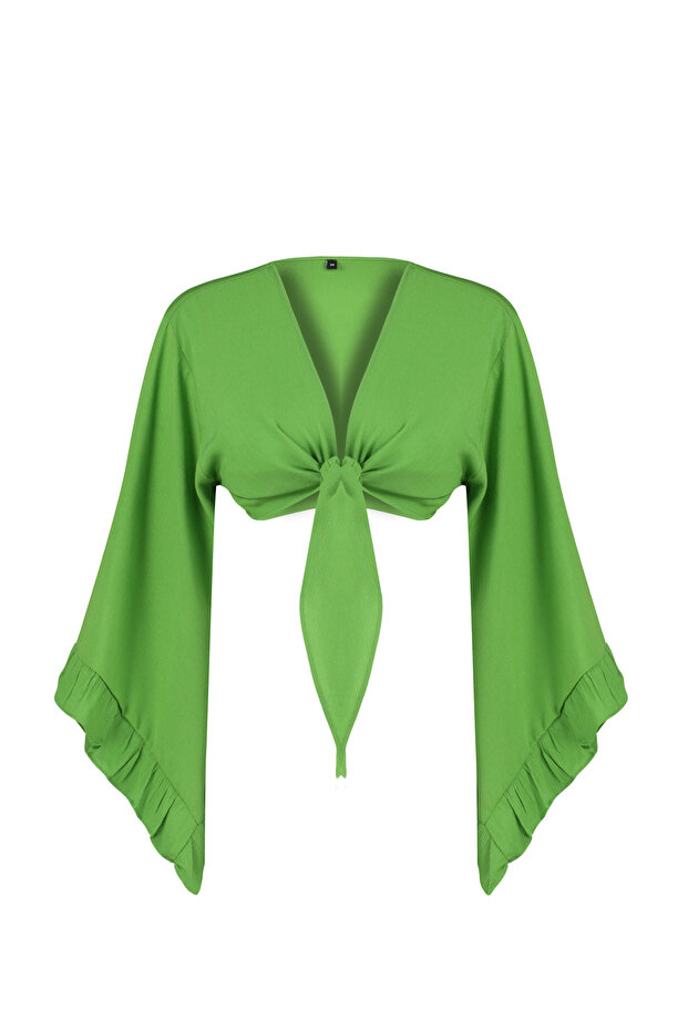 Yeşil Dokuma Volanlı Plaj Crop Bluz TBESS19BB0095 - 7