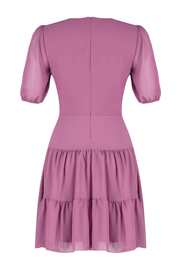 Pembe Belden Açılan Volanlı Şifon Astarlı Mini Dokuma Elbise TWOSS24EL00634 - 8