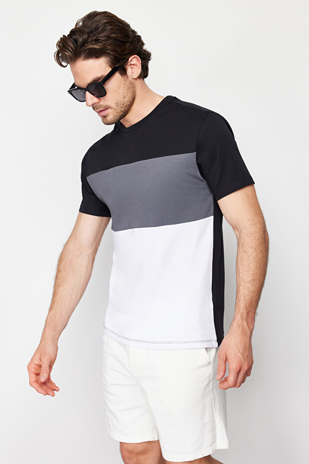 Siyah Regular/Normal Kesim Renk Bloklu %100 Pamuklu T-Shirt TMNSS24TS00076 - 4