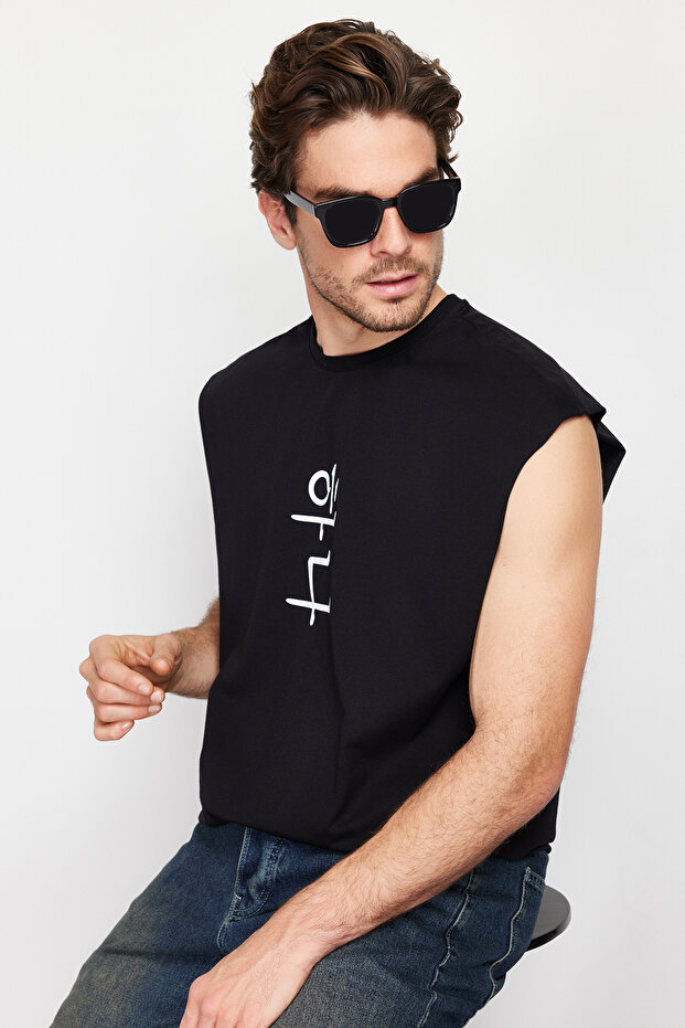 Siyah Oversize/Geniş Kesim Uzak Doğu Yazı Baskılı %100 Pamuklu T-Shirt/Atlet TMNSS22AL0108 - 3