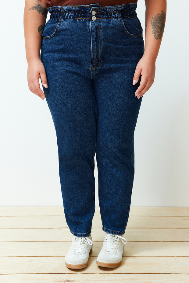 Mavi Yüksek Bel Beli Lastikli %100 Non-Stretch Pamuk Büyük Beden Mom Jeans TBBAW23JE00002 - 14