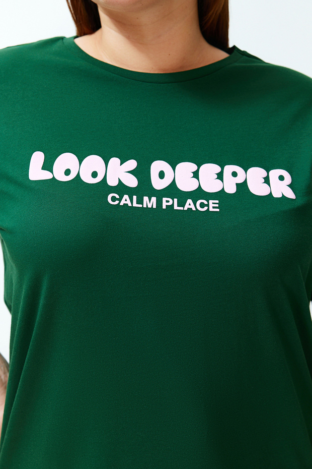 Koyu Yeşil Slogan Baskılı Relaxed %100 Pamuk Örme Büyük Beden T-shirt TBBSS24BF00036 - 7
