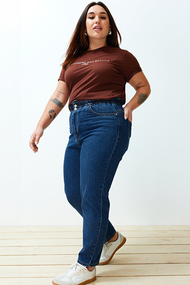 Mavi Yüksek Bel Beli Lastikli %100 Non-Stretch Pamuk Büyük Beden Mom Jeans TBBAW23JE00002 - 12