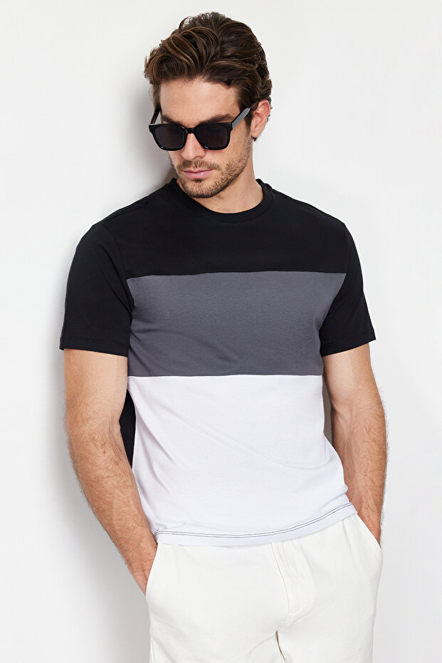 Siyah Regular/Normal Kesim Renk Bloklu %100 Pamuklu T-Shirt TMNSS24TS00076 - 3