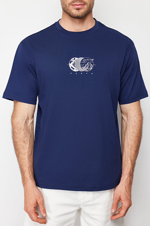 Lacivert Oversize/Geniş Kesim Baskılı %100 Pamuklu T-Shirt TMNSS23TS00261 - 5