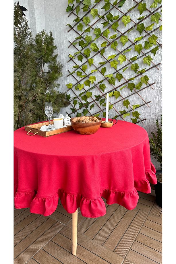 Soft Kumaş Kırmızı Fırfırlı Vintage Yuvarlak Dertsiz Masa Örtüsü - 7