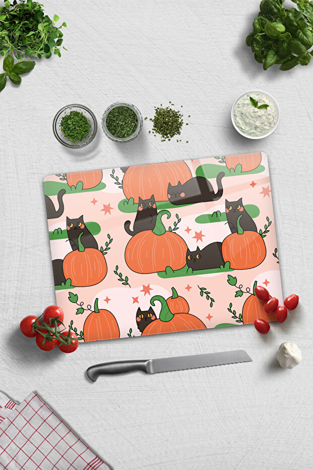 Glass Cutting Board - Glass Cutting Board | Pumpkin and Cat | 30cm X 40cm