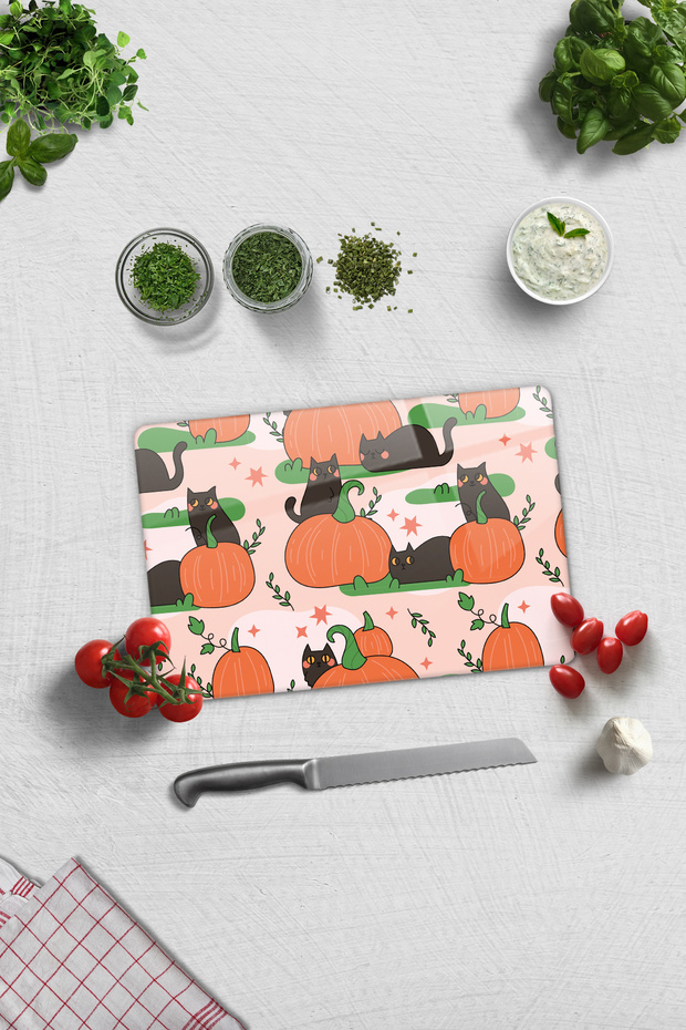 Glass Cutting Board - Glass Cutting Board | Pumpkin and Cat | 20cm X 30cm