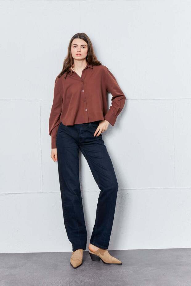 Acı Kahve Oval Kesim Basic Gömlek - 2