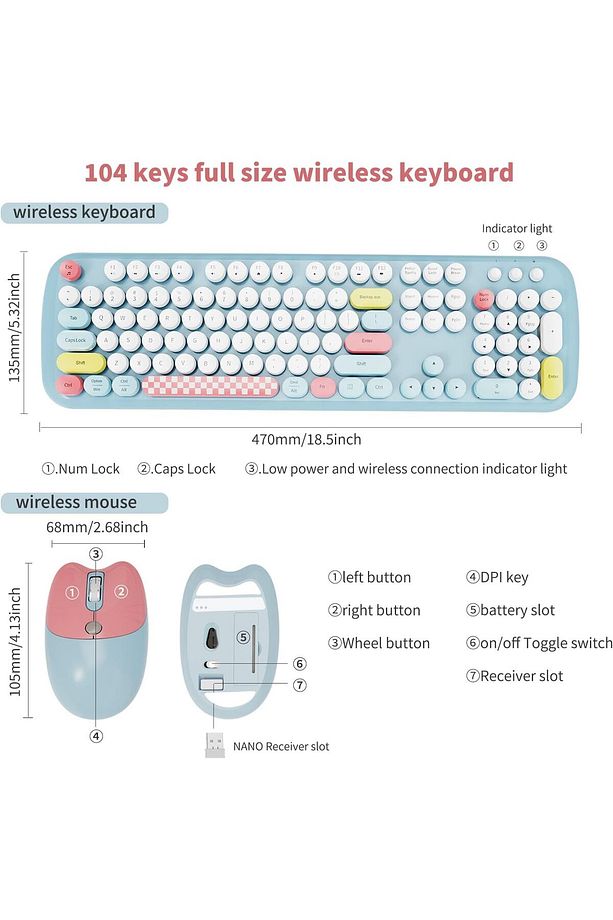 Klavye Ve Mouse Set 104 Tuşlu Retro Ve Şık Daktilo Renkli Tuş Tarzı Ingilizce Q Klayve Trendba - 7