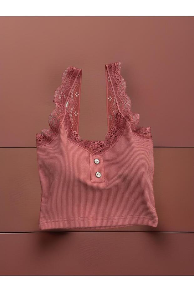 Fitilli Dalgıç Dantelli Pedli Büstiyer Nar Çiçeği - 1