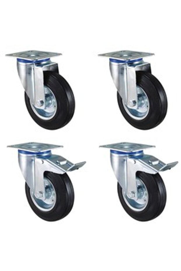 Rubber Padded Rubber Industry Caster 2 Pcs Swivel 2 Pcs Wheel with Brake - 100 mm Diameter