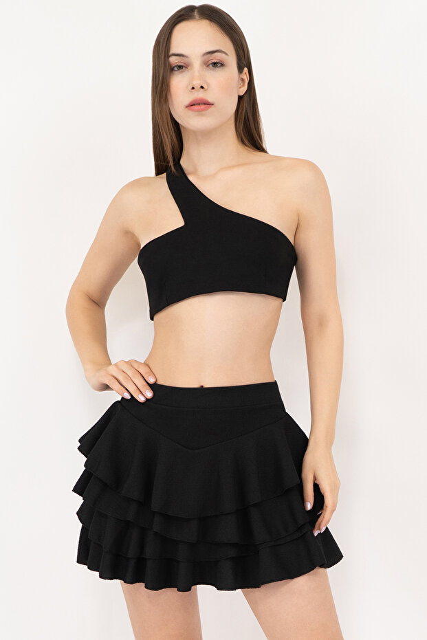 Women's Black Quadra Frilly Mini Skirt