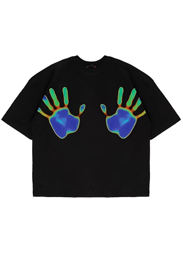 Thermal Hand Printed Black Unisex Oversize T-Shirt